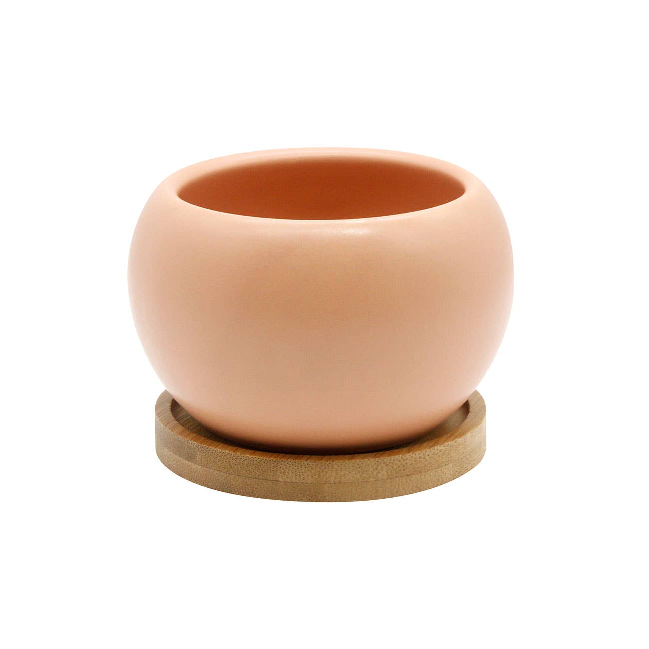 Pink Salmon Ceramic Planter with Bamboo Saucer | 3.5" Round