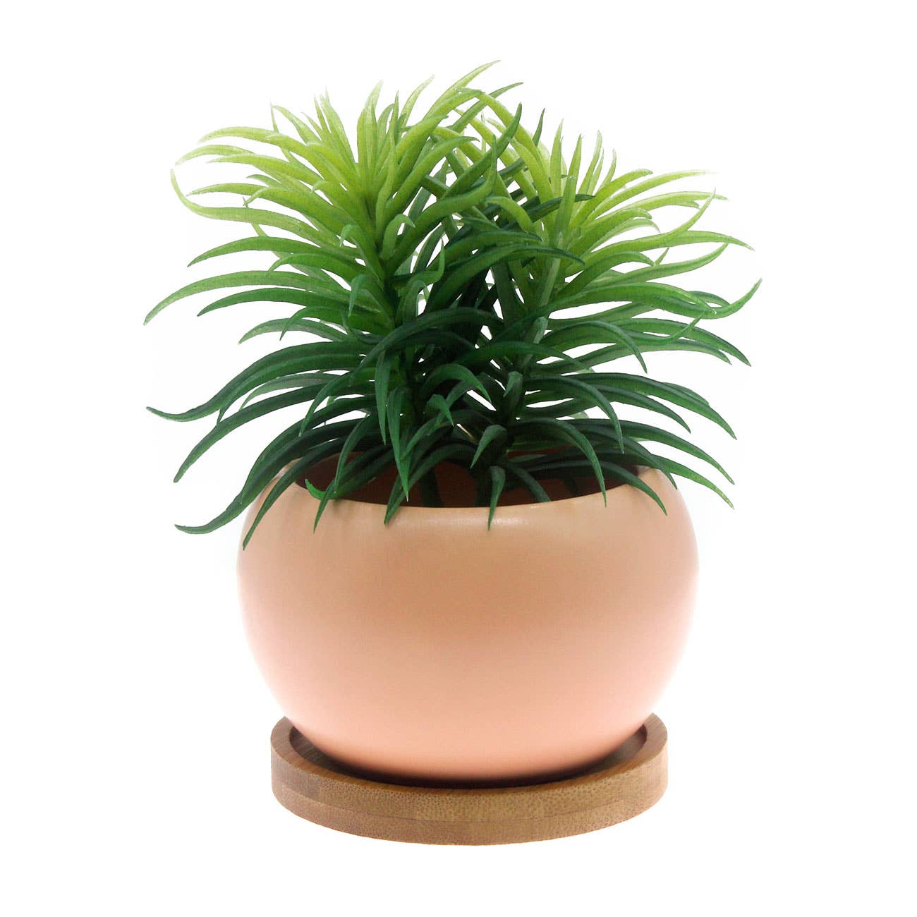 Pink Salmon Ceramic Planter with Bamboo Saucer | 3.5" Round