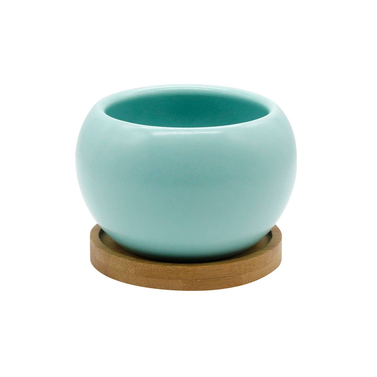 Blue Ceramic Planter with Bamboo Saucer | 3.5" Round Pot