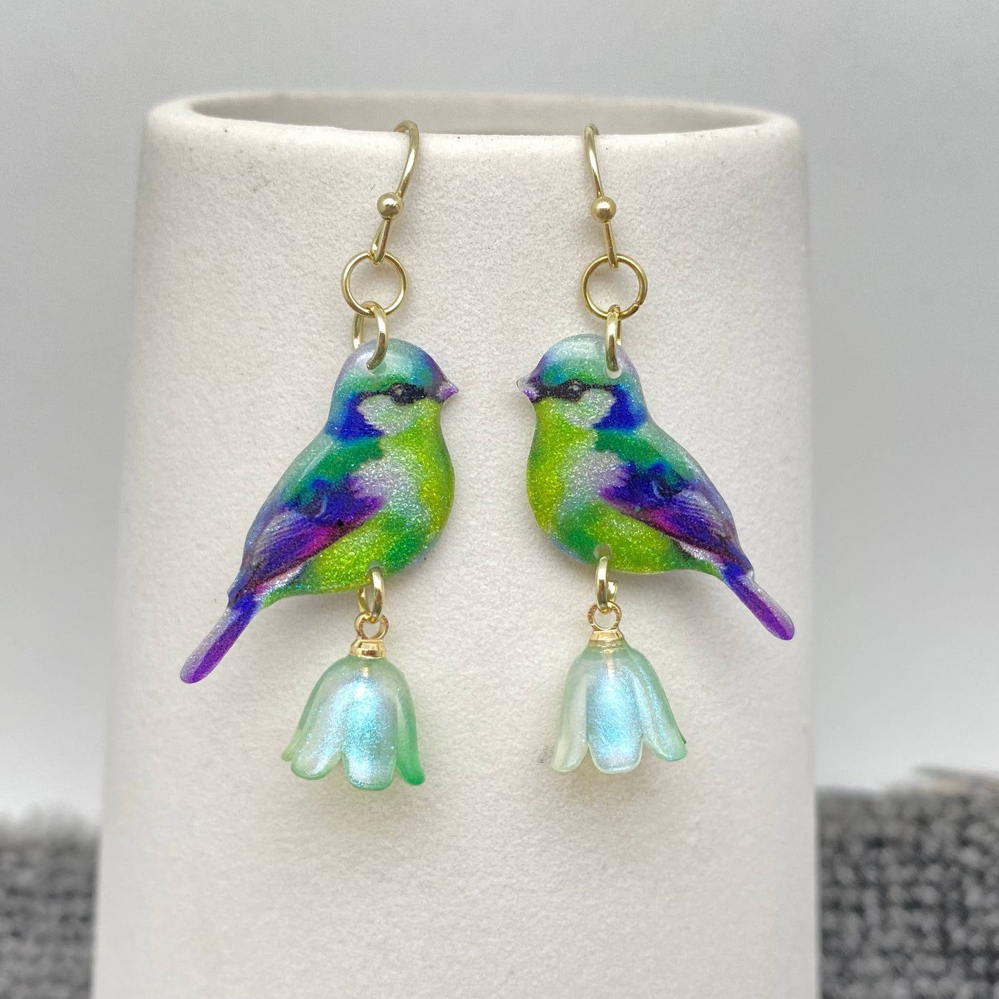 Resin Birds Tit Picking Flowers Dangle Earrings