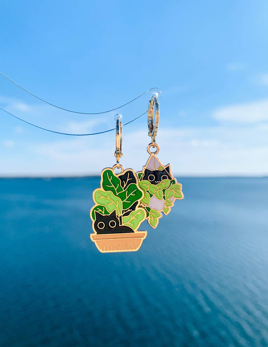 Unique Cat and Plant Huggie Earrings