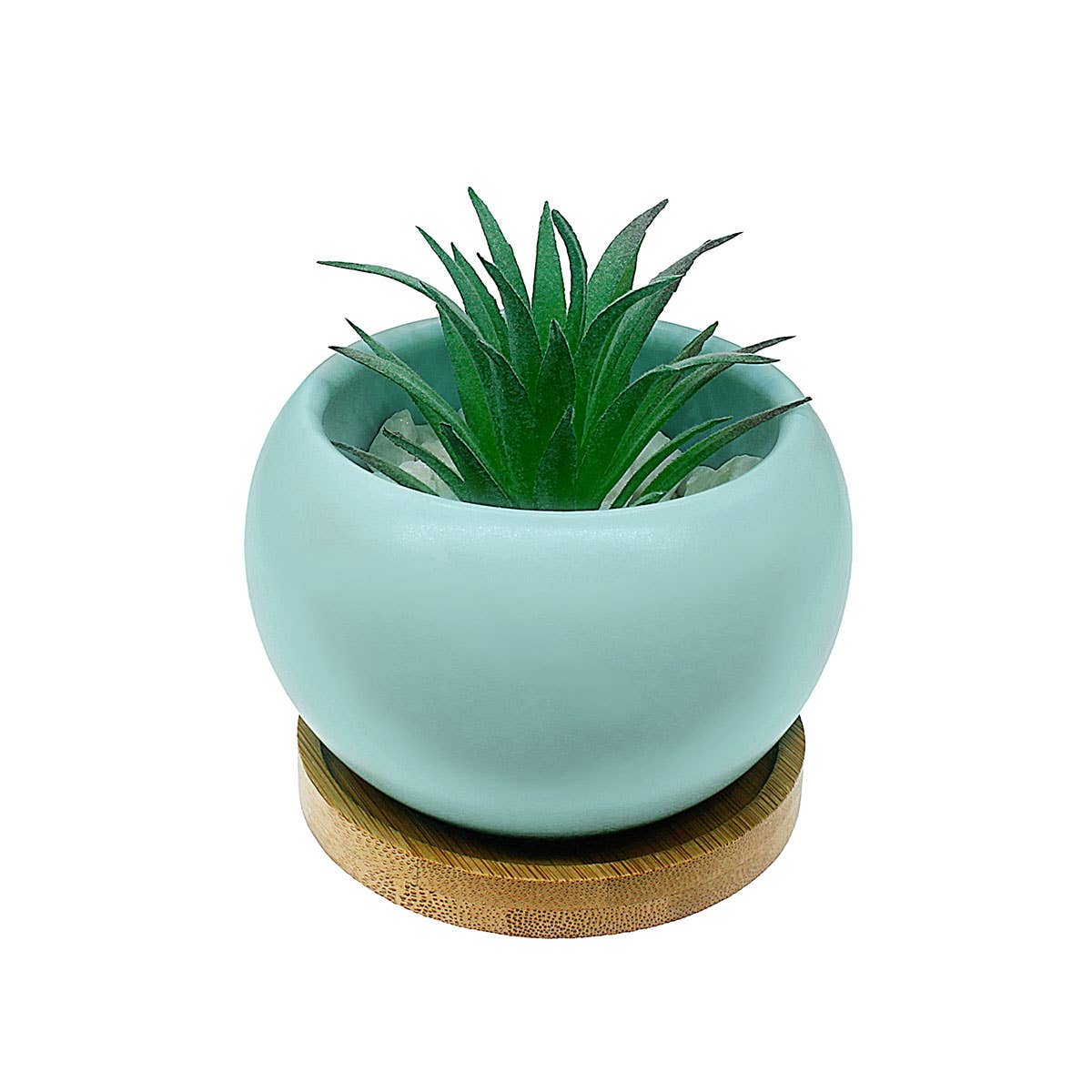 Blue Ceramic Planter with Bamboo Saucer | 3.5" Round Pot