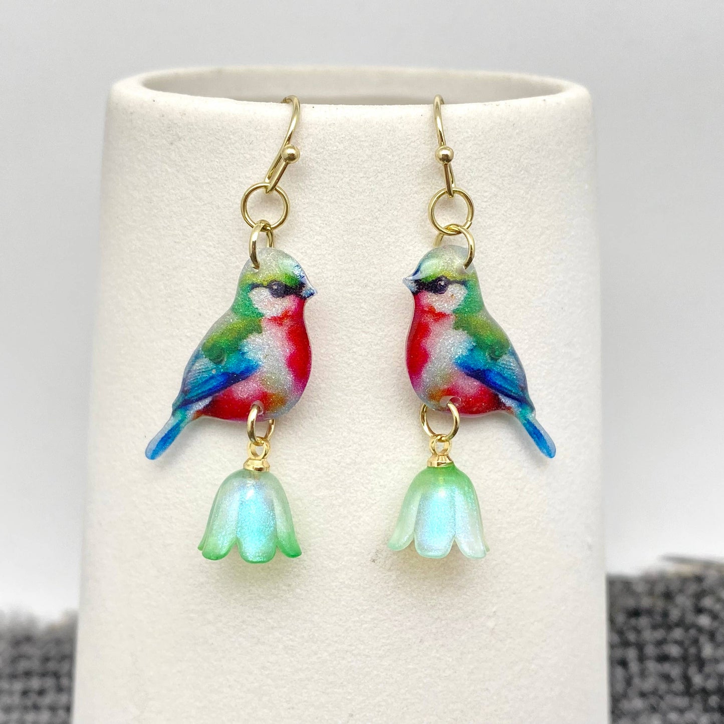 Resin Birds Tit Picking Flowers Dangle Earrings