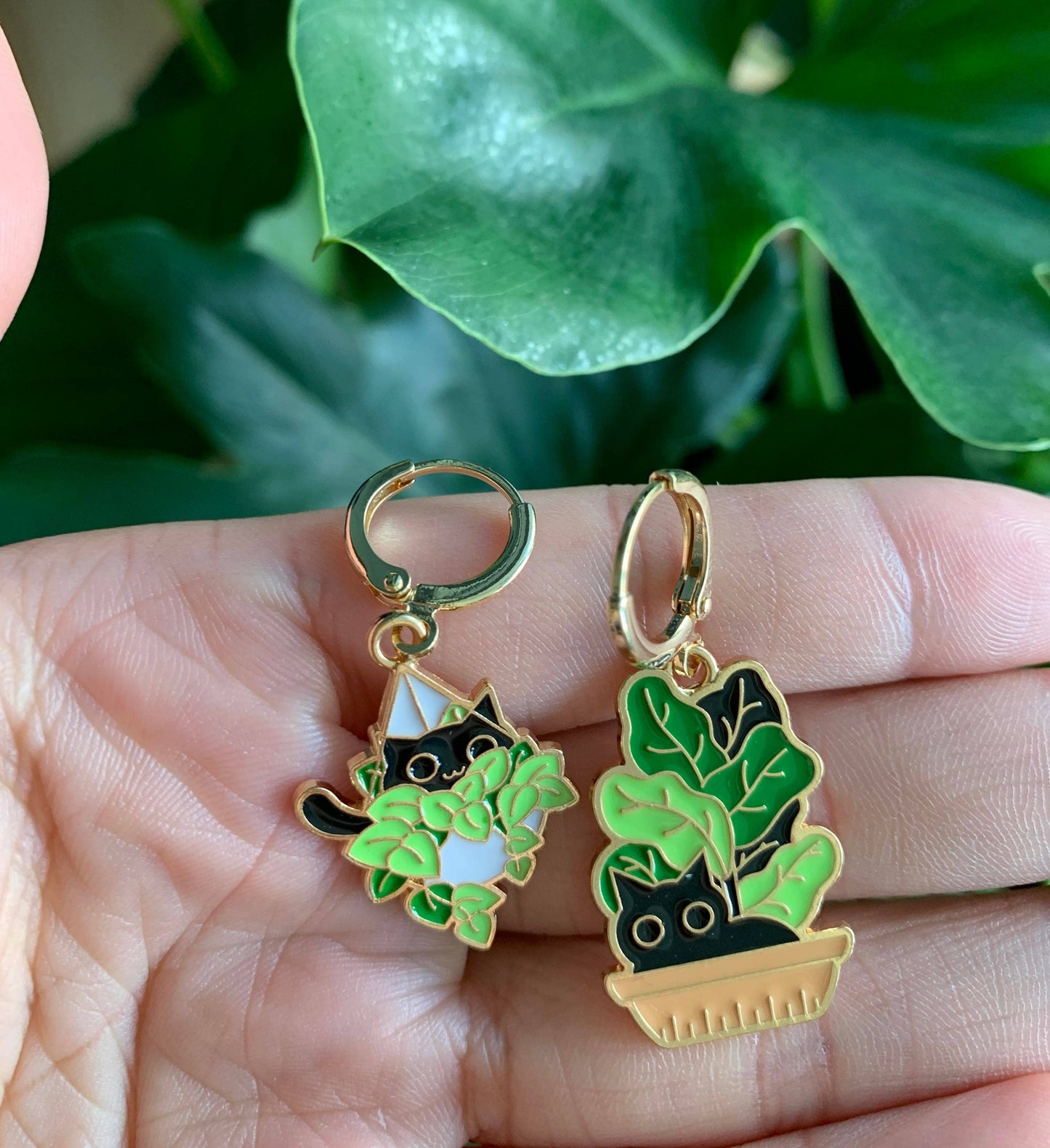 Unique Cat and Plant Huggie Earrings