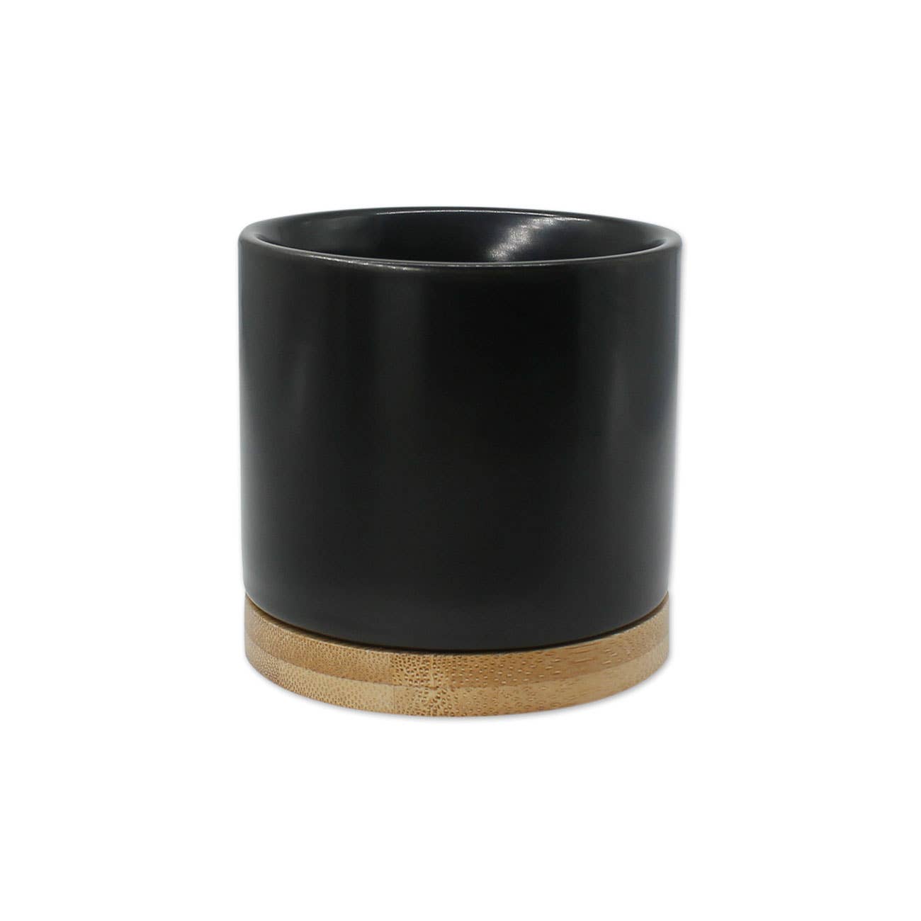 Black Ceramic Planter with Bamboo Saucer | 3-Inch Round Pot