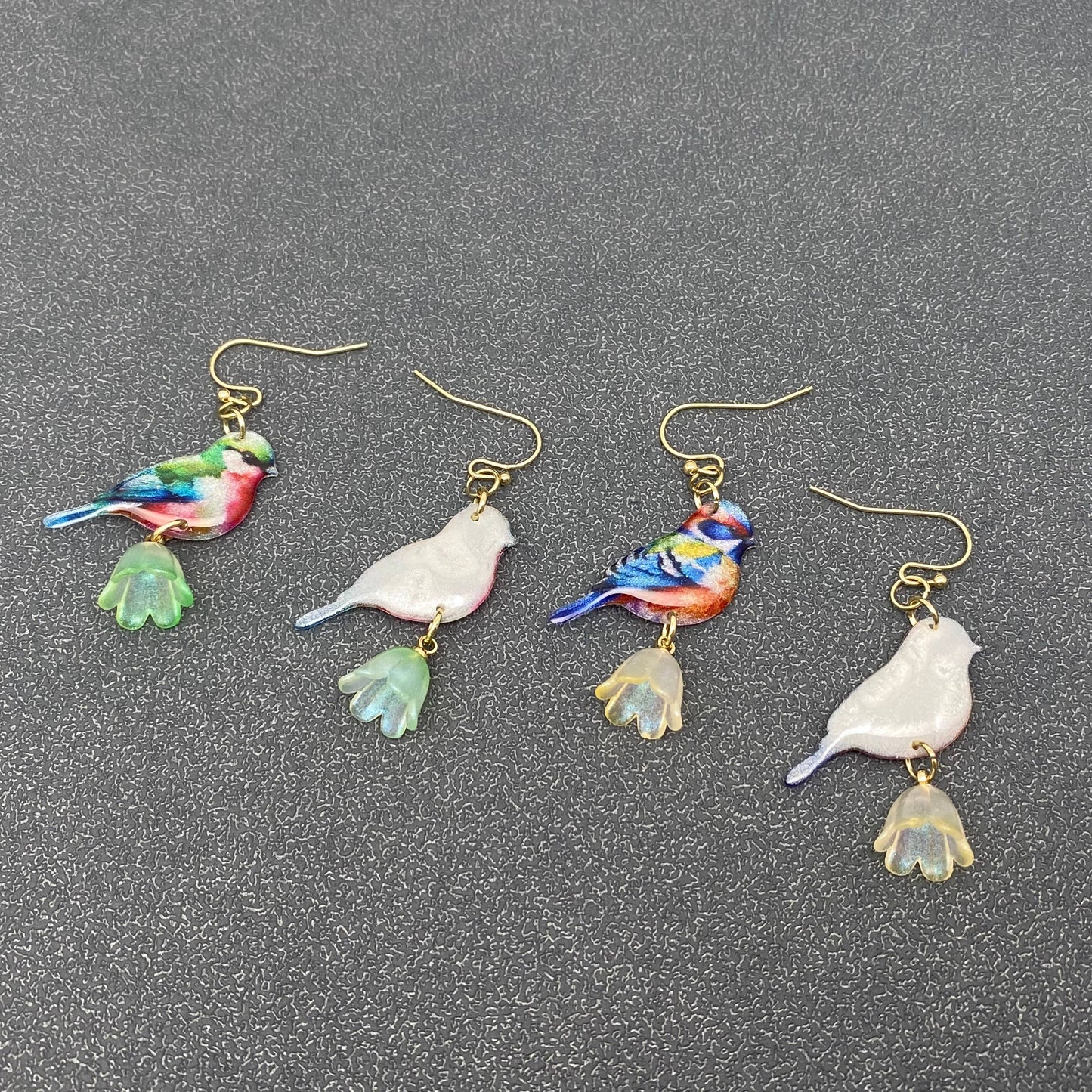 Resin Birds Tit Picking Flowers Dangle Earrings