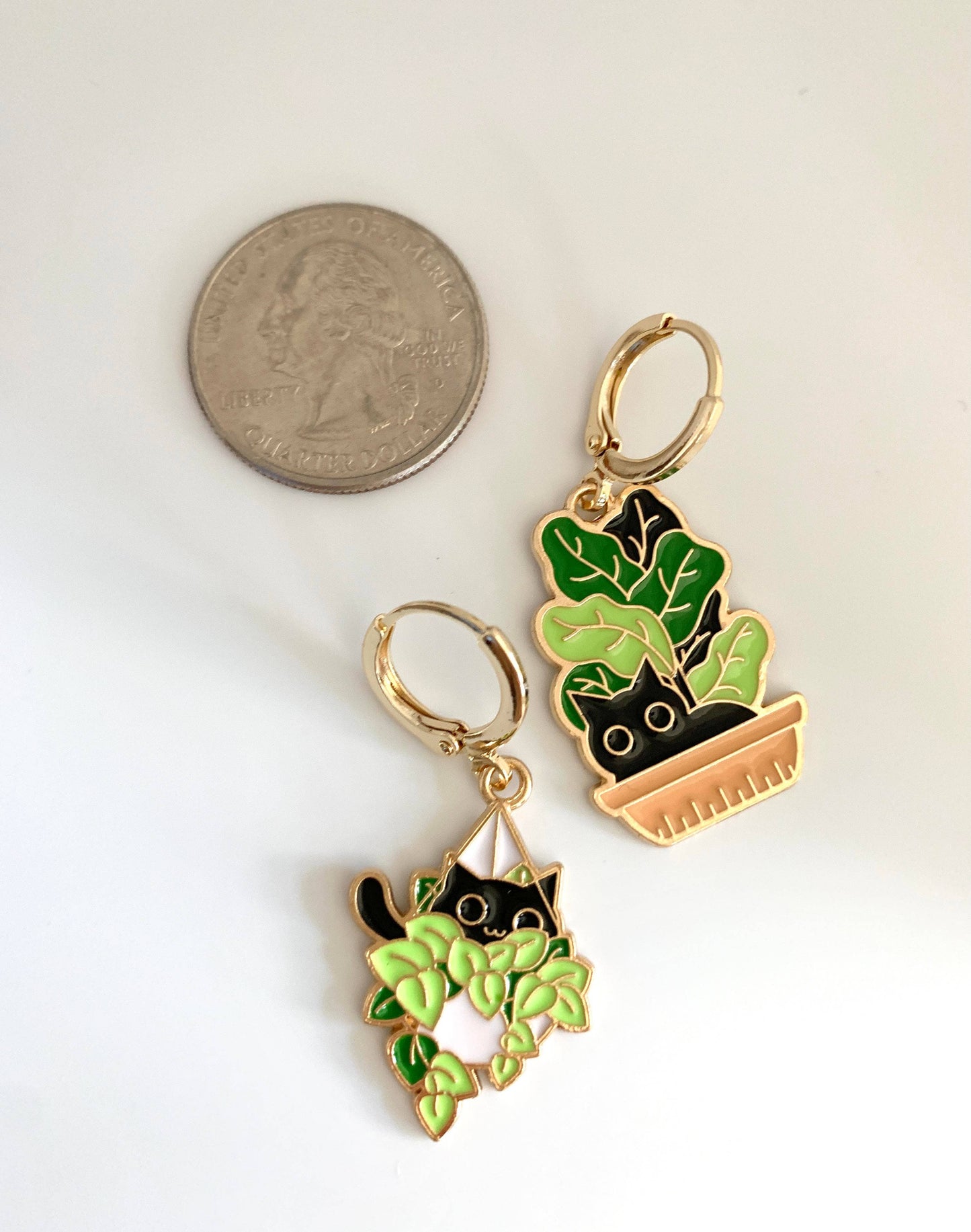 Unique Cat and Plant Huggie Earrings