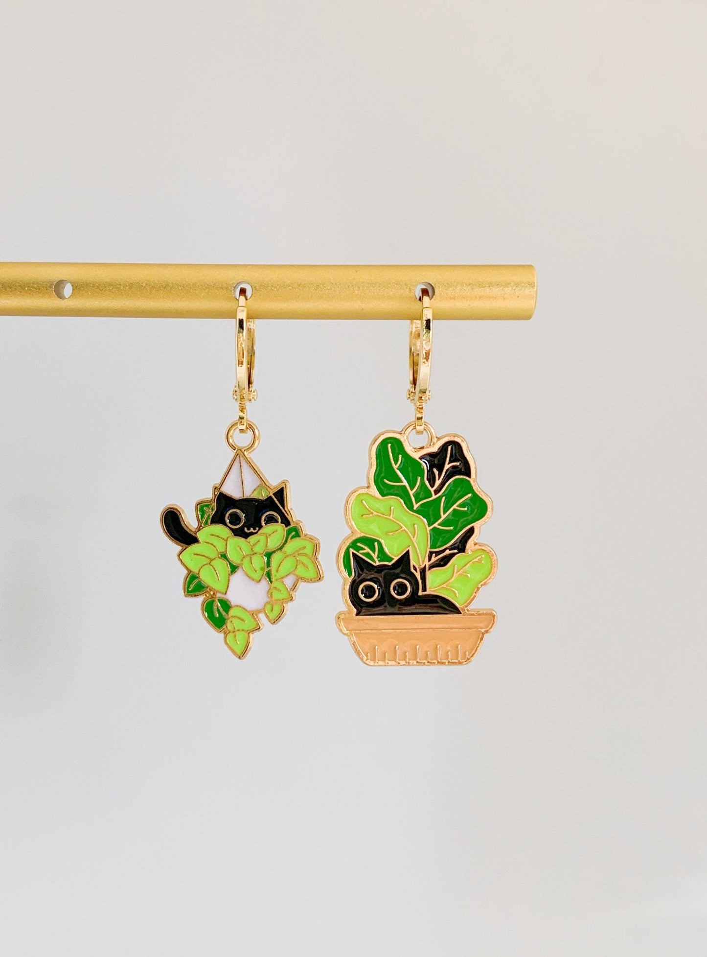 Unique Cat and Plant Huggie Earrings