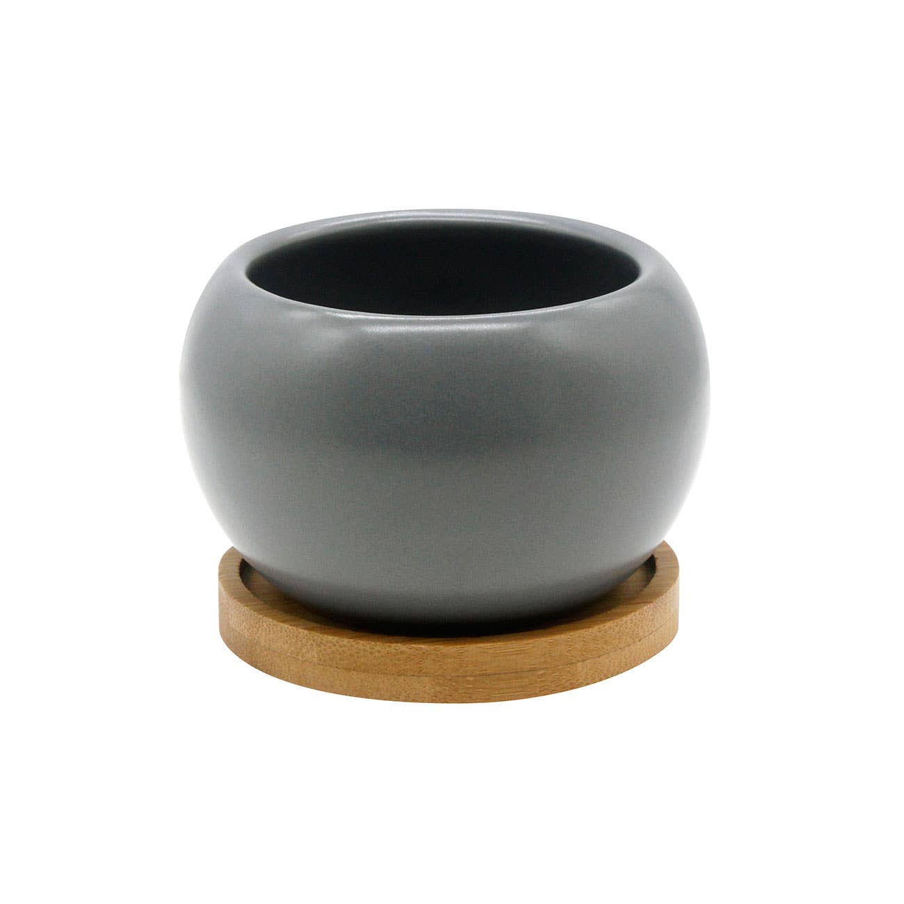 Gray Ceramic Planter with Bamboo Saucer | 3.5" Round Pot