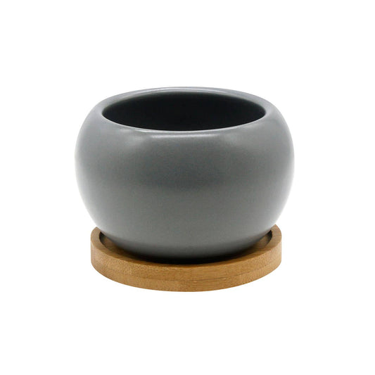 Gray Ceramic Planter with Bamboo Saucer | 3.5" Round Pot