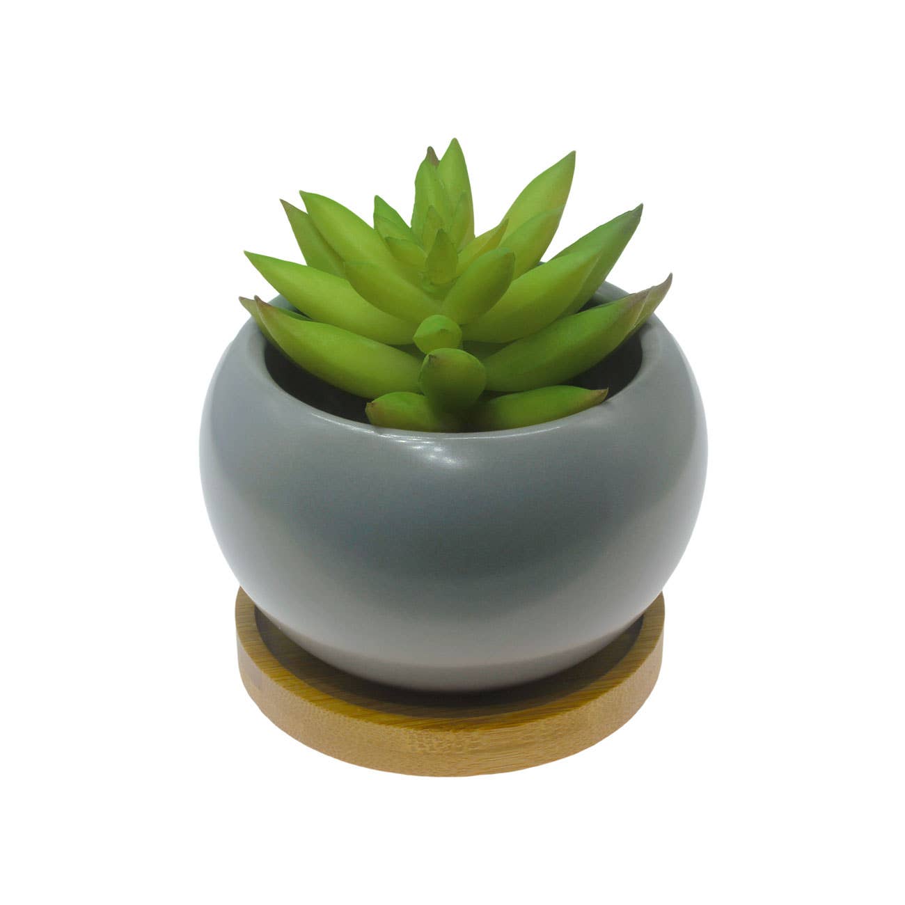 Gray Ceramic Planter with Bamboo Saucer | 3.5" Round Pot