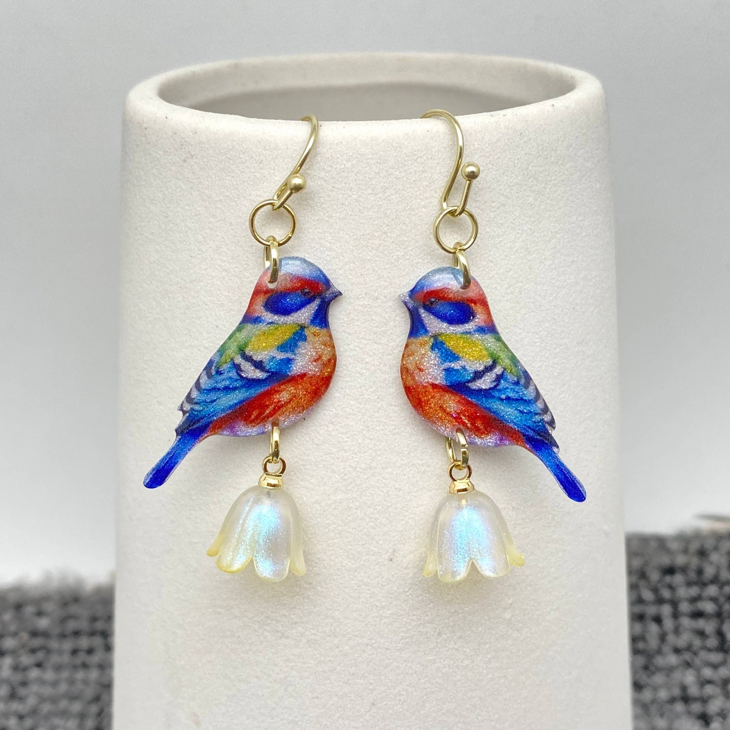 Resin Birds Tit Picking Flowers Dangle Earrings